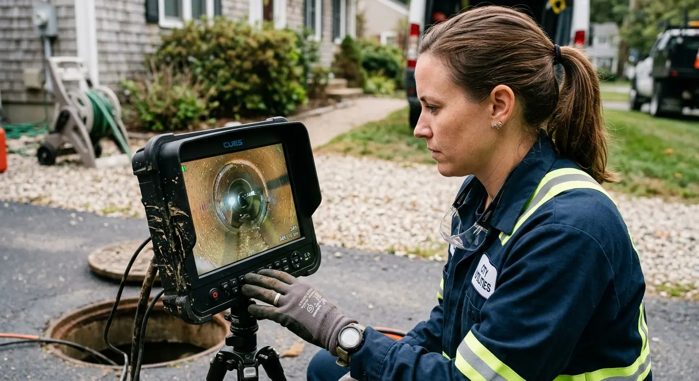 Technician reviewing sewer camera inspection footage in Verona