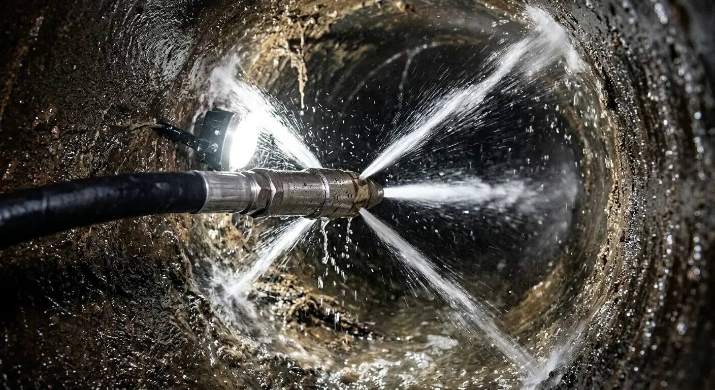 High-pressure hydro jetting nozzle cleaning sewer pipe for Sewer Cleanout in Verona