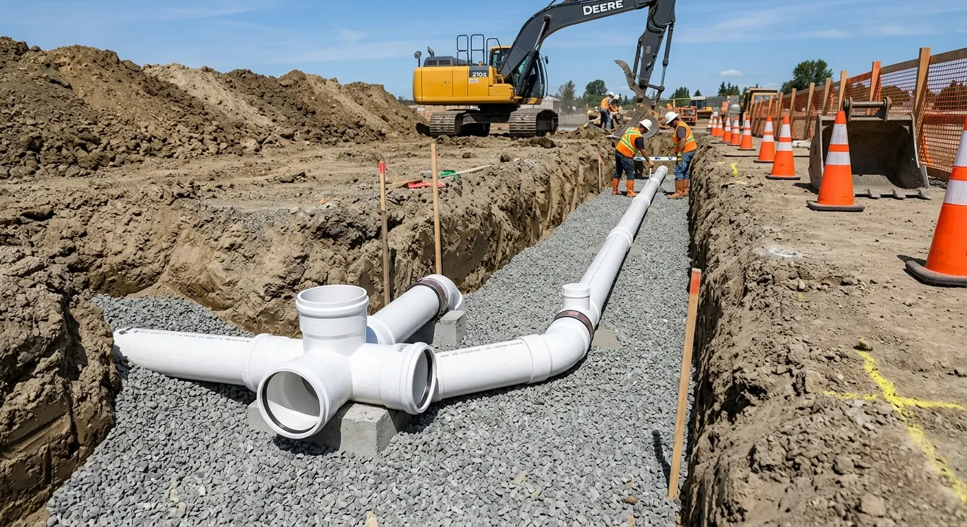 New PVC sewer pipe installation in open trench for Sewer Backup in Verona