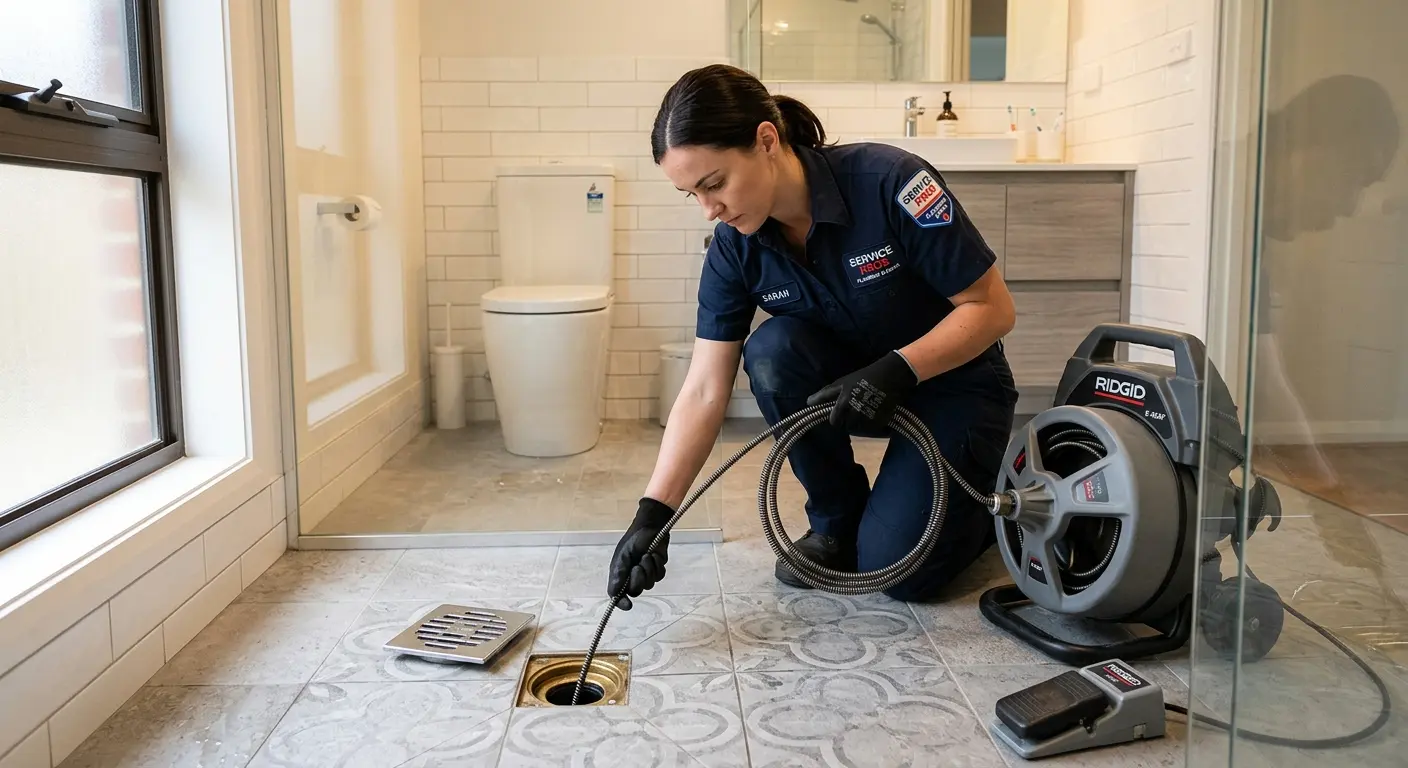 Technician clearing a bathroom floor drain for Drain Cleaning in Verona